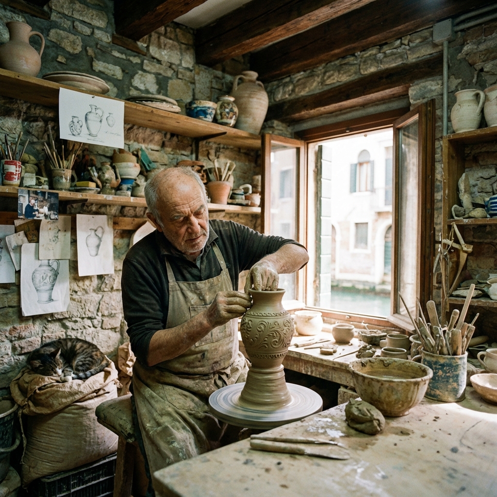 Il Maestro della Ceramica veneziano mentre modella l'argilla